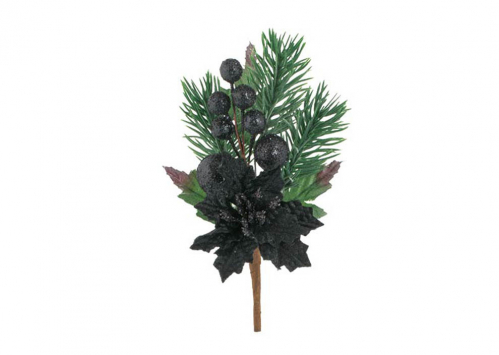 Dekorační větvička borovice s černou vánoční hvězdou, cca 15cm