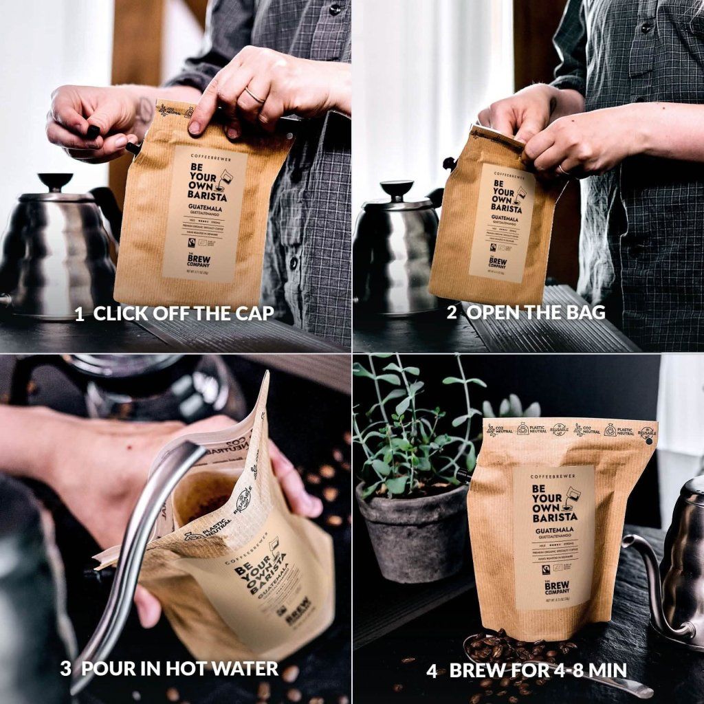 Jak připravit kávu v sáčku Coffeebrewer – otevřít, zalít horkou vodou a nechat louhovat