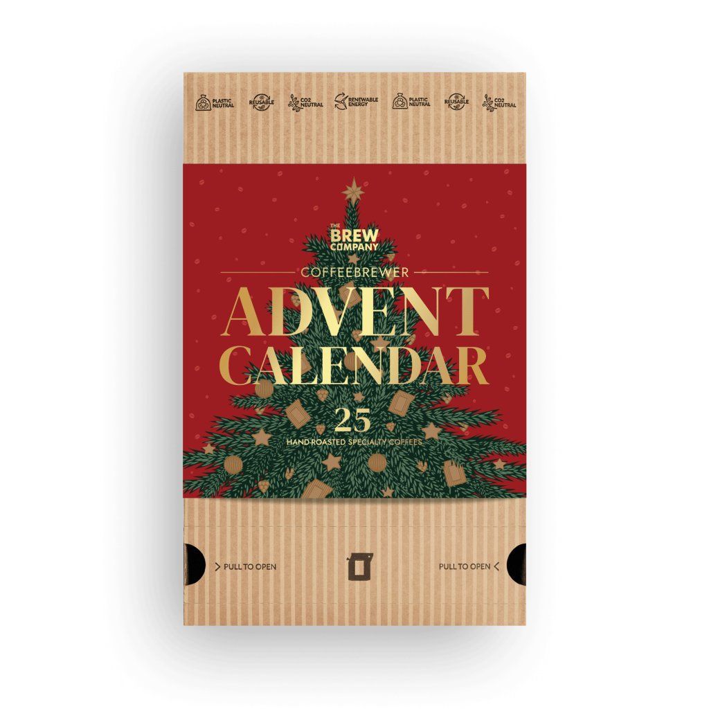 Kávový adventní kalendář The Brew Company v červeném obalu s vánočním stromkem